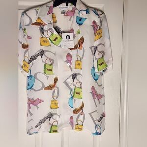 NWT Vtg Paolo Santini 8 Shrtslv 100%PureSILK Shoes Print ButtonsUp Women Blouse